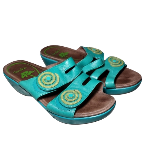Dansko Dixie Teal Retro Leather Wedge Slides with Swirl Accents Sandals - Picture 1 of 7